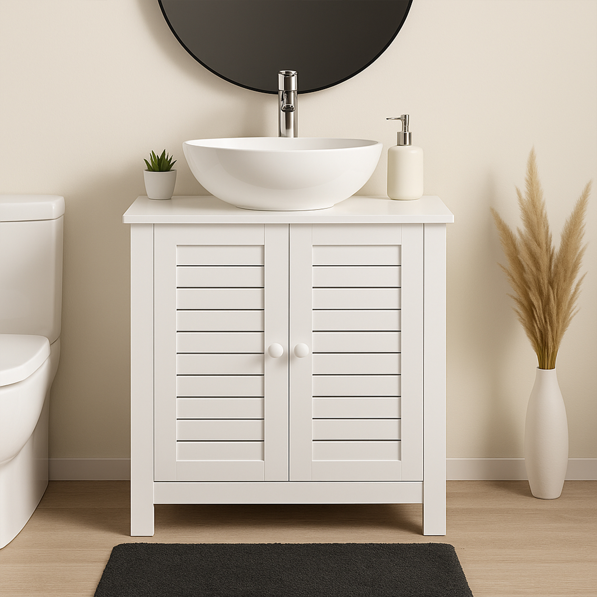 “White under-sink cabinet with vented doors and vessel sink”
