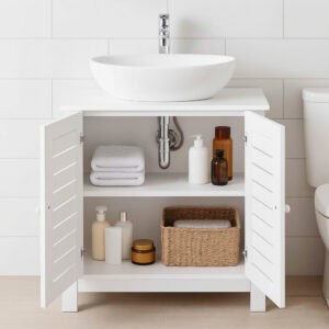 “White sink cabinet with open vented doors displaying bathroom storage”