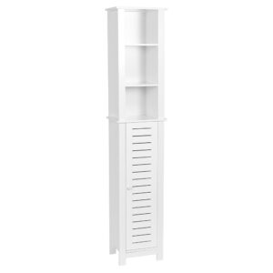 Tall White Bathroom Cabinet - A tall, slim white bathroom cabinet with open shelves on top and a closed slatted door compartment below, perfect for narrow spaces.