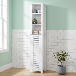 “Tall white bathroom cabinet with open shelves and vented door, styled with towels and toiletries.”