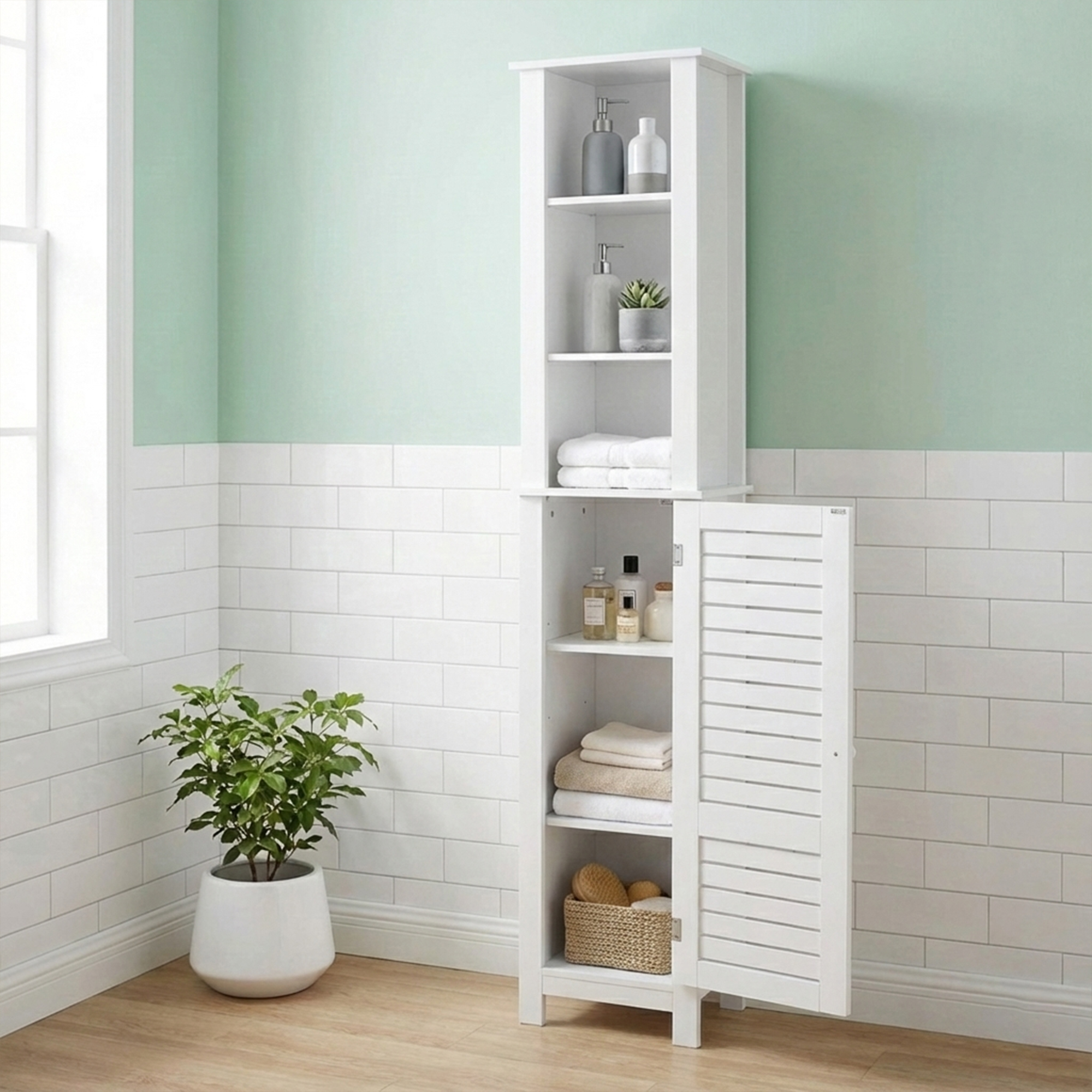 “Tall white storage cabinet with vented door open, showing neatly organized bathroom items.”