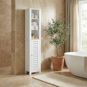 “White freestanding bathroom cabinet with top shelves and vented door in a spa-style setting.”