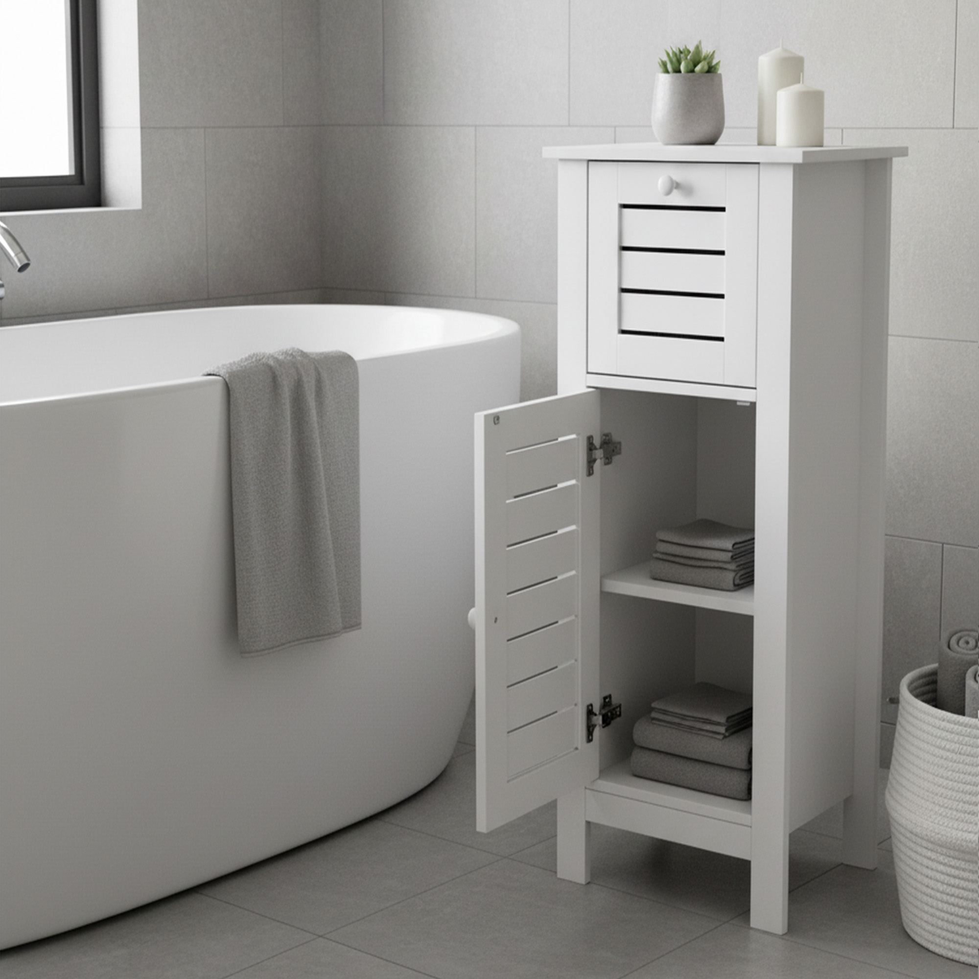 "White bathroom floor cabinet with open louvered door revealing two shelves with folded towels, beside a freestanding bathtub"