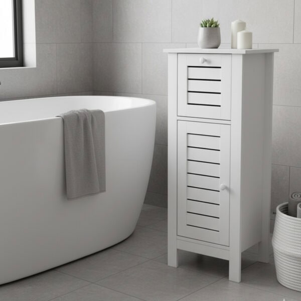 "White louvered bathroom cabinet with upper door and lower door, styled with candles and a succulent on top, next to a bathtub"