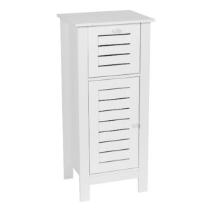 Small Bathroom Cabinet Front View - A compact white bathroom cabinet with slatted detailing, featuring one upper drawer and a lower door compartment for storage.