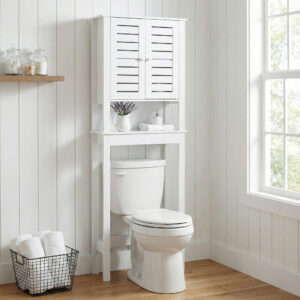 Over-Toilet Storage Cabinet - A white over-the-toilet storage cabinet featuring slatted double doors, providing extra storage space in a compact design.