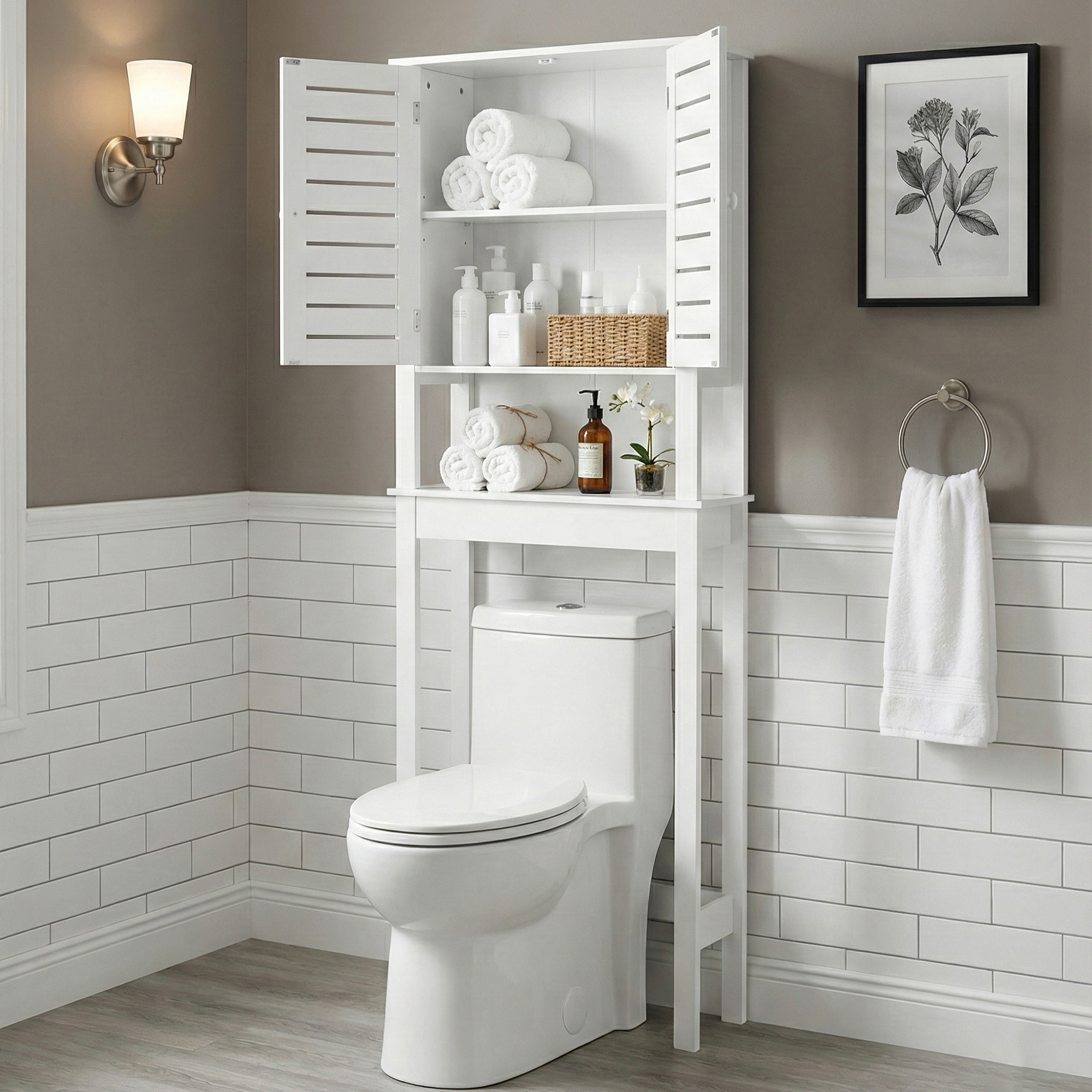 Over-Toilet Storage Cabinet - A white over-the-toilet storage cabinet featuring slatted double doors, providing extra storage space in a compact design.
