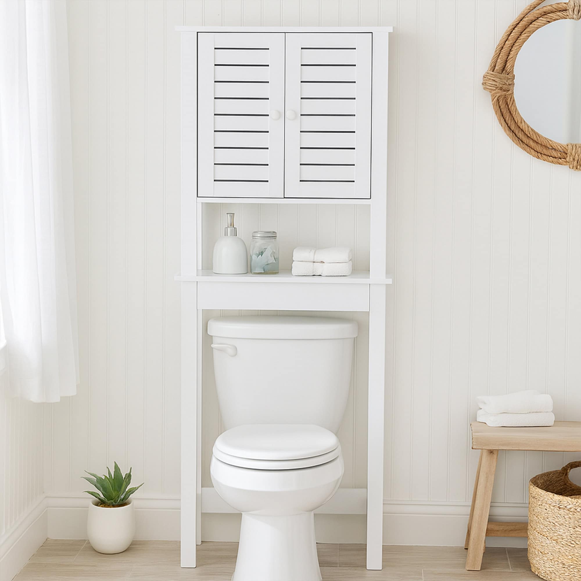 Bathroom Over-the-Toilet Cabinet - White cabinet over the toilet in a contemporary bathroom setup, used to store essentials like towels and toiletries.