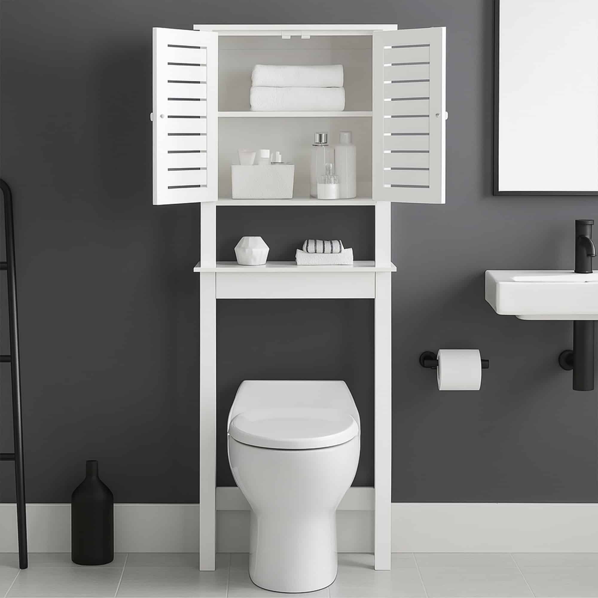 Over-Toilet Storage Cabinet - A white over-the-toilet storage cabinet featuring slatted double doors, providing extra storage space in a compact design.