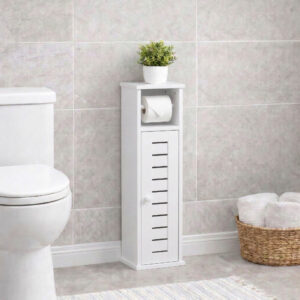 "White toilet paper cabinet with roll holder and louvered door, styled beside a toilet with a plant on top"