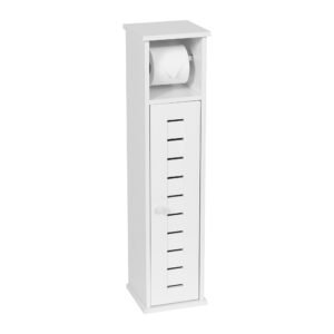 Compact Toilet Paper Cabinet - A slim, white bathroom cabinet with an open shelf for a roll of toilet paper and a slatted door compartment below for additional storage.