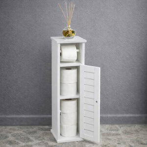 Freestanding toilet paper holder with storage cabinet in white, featuring a slatted wood door and space for multiple rolls.