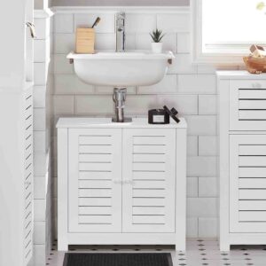 Cabinet Installed Under Sink - White under-sink cabinet installed beneath a bathroom sink, blending with the modern bathroom decor, providing storage and maximizing space.