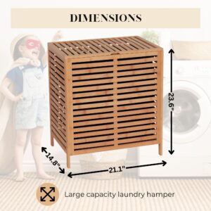 Bamboo laundry hamper with labeled dimensions of 21.1" x 14.8" x 23.6", shown with a child in background for scale
