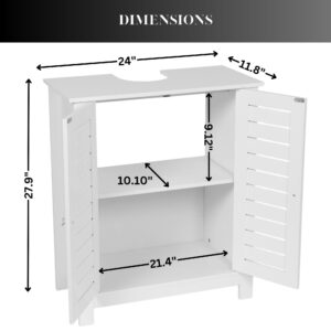 Cabinet Dimensions Overview - A diagram showing the detailed dimensions of a white under-sink cabinet, including internal shelf measurements and overall height and width.