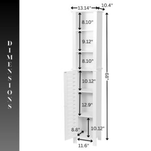 Detailed Cabinet Dimensions - Diagram showing the dimensions of a tall bathroom cabinet, including shelf heights and overall measurements for easy planning.