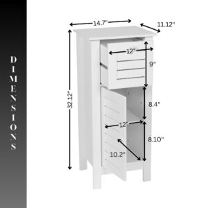 "Dimension diagram of white bathroom cabinet showing 14.7"W x 11.12"D x 32.12"H with interior shelf measurements"