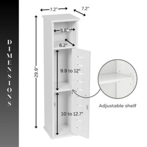 "Dimension diagram of white toilet paper cabinet showing 7.2"W x 29.9"H with adjustable shelf detail and interior measurements"