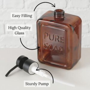 Durable Amber Glass Soap Dispenser with Easy Fill and Sturdy Pump – Close-up of the amber glass soap dispenser, featuring labels for the easy-fill wide opening and sturdy pump, emphasizing functionality and durability.