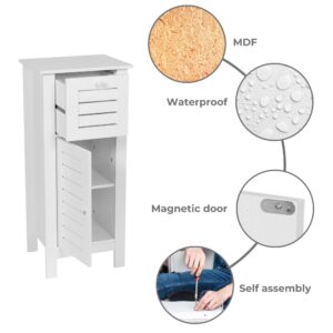 "Features diagram highlighting MDF construction, waterproof finish, magnetic door closure, and self-assembly"