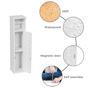"Features diagram highlighting MDF construction, waterproof finish, magnetic door closure, and self-assembly"