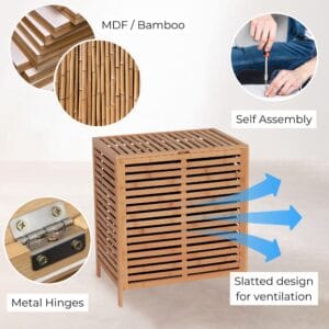 Feature callout graphic showing bamboo laundry hamper with MDF/bamboo materials, metal hinges, self-assembly, and slatted ventilation design