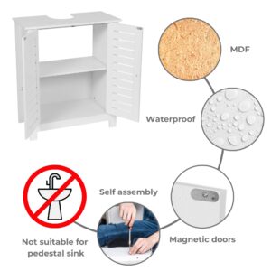 Material and Assembly Features - A collage highlighting the materials and features of the cabinet, including waterproof MDF, self-assembly instructions, magnetic doors, and suitability for specific sink types.