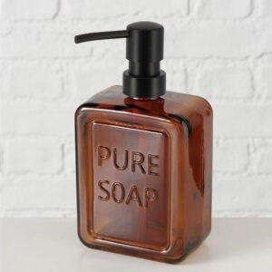 Minimalist Amber Glass Soap Dispenser with Black Pump Accent – A simple, amber glass soap dispenser with a contrasting black pump, perfect for adding a modern, minimalist vibe to any bathroom.