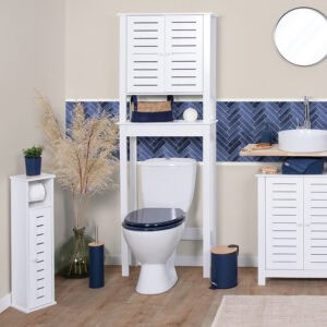 "Santorin Collection bathroom setup with toilet paper cabinet, over-toilet shelf unit, and floor cabinet against blue herringbone tiles"