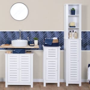 Santorin Bathroom Furniture Set - Coordinated set of white bathroom furniture, including a tall cabinet, under-sink cabinet, and a drawer unit, displayed in a stylish bathroom.