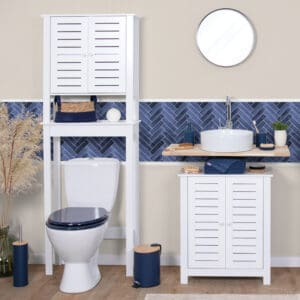 Santorin Bathroom Furniture Set - Matching set of white bathroom furniture, including an over-the-toilet cabinet, under-sink cabinet, and small storage unit, displayed in a coordinated style.