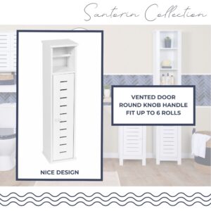 "Santorin Collection overview showing white toilet paper cabinet with vented door, round knob handle, fits up to 6 rolls"