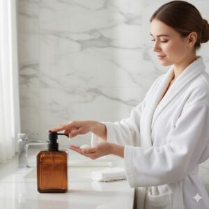 Amber Glass Soap Dispenser PURE SOAP 18 FL OZ – Refillable Bathroom Hand Soap Bottle with Black Pump – Vintage Modern Home Accessory