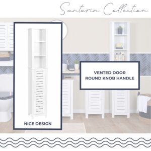 “Tall white bathroom storage cabinet with open shelves and vented door from the Santorin Collection.”
