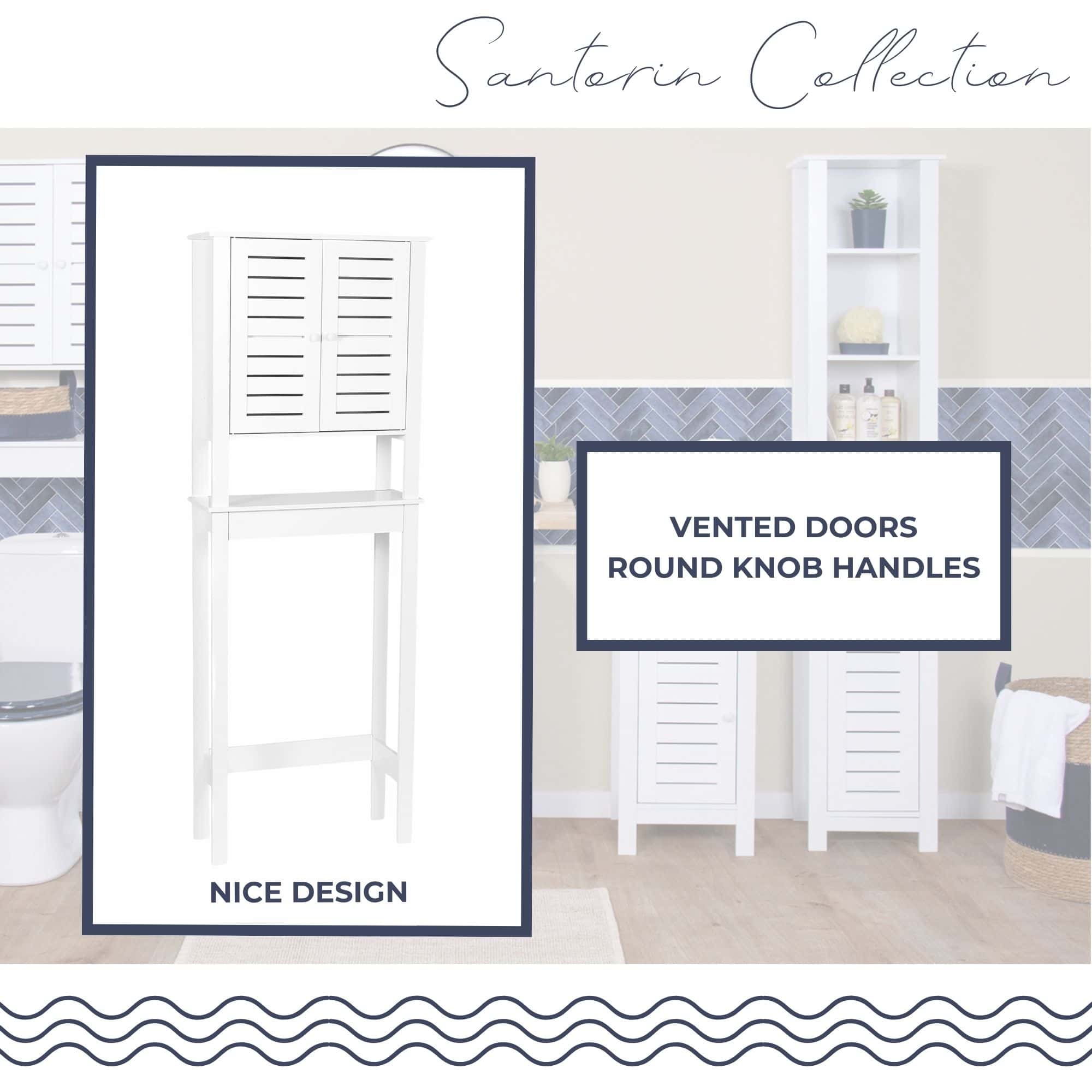 “White over-the-toilet cabinet from Santorin collection featuring vented doors and round knob handles”