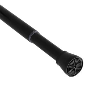 Close-Up of Black Shower Rod with Rubber Tip: A detailed view of a black shower curtain rod featuring a non-slip rubber tip for secure placement.