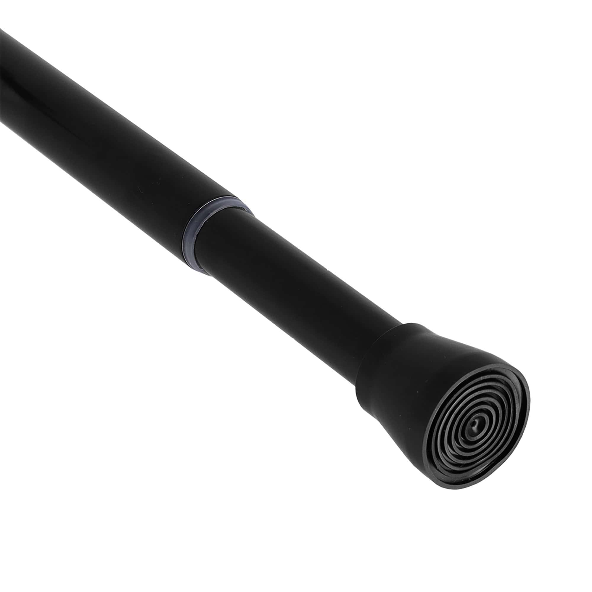 Close-Up of Black Shower Rod with Rubber Tip: A detailed view of a black shower curtain rod featuring a non-slip rubber tip for secure placement.