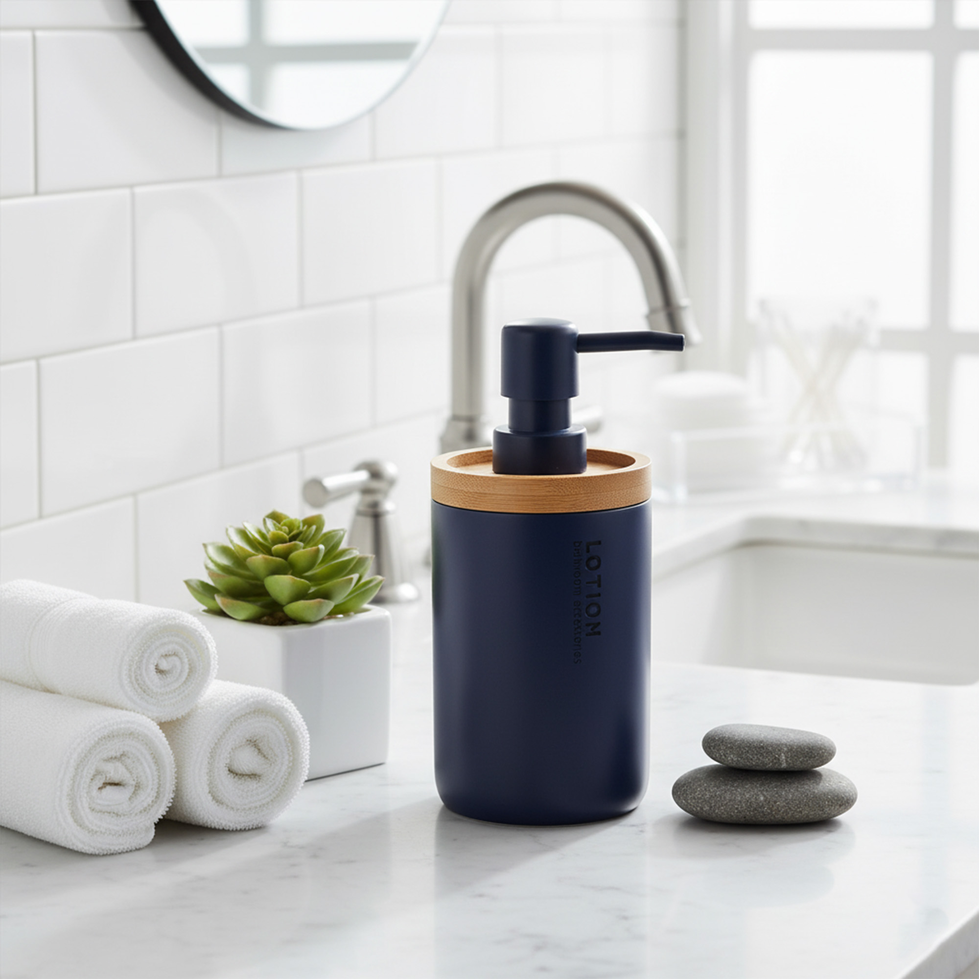 Elegant Navy Blue Soap Dispenser - Polyresin and Bamboo Design, Refillable Liquid Pump