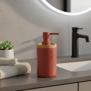 Terracotta bathroom lotion dispenser with bamboo top on vanity