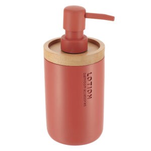 Minimalist terracotta soap dispenser with bamboo detailing