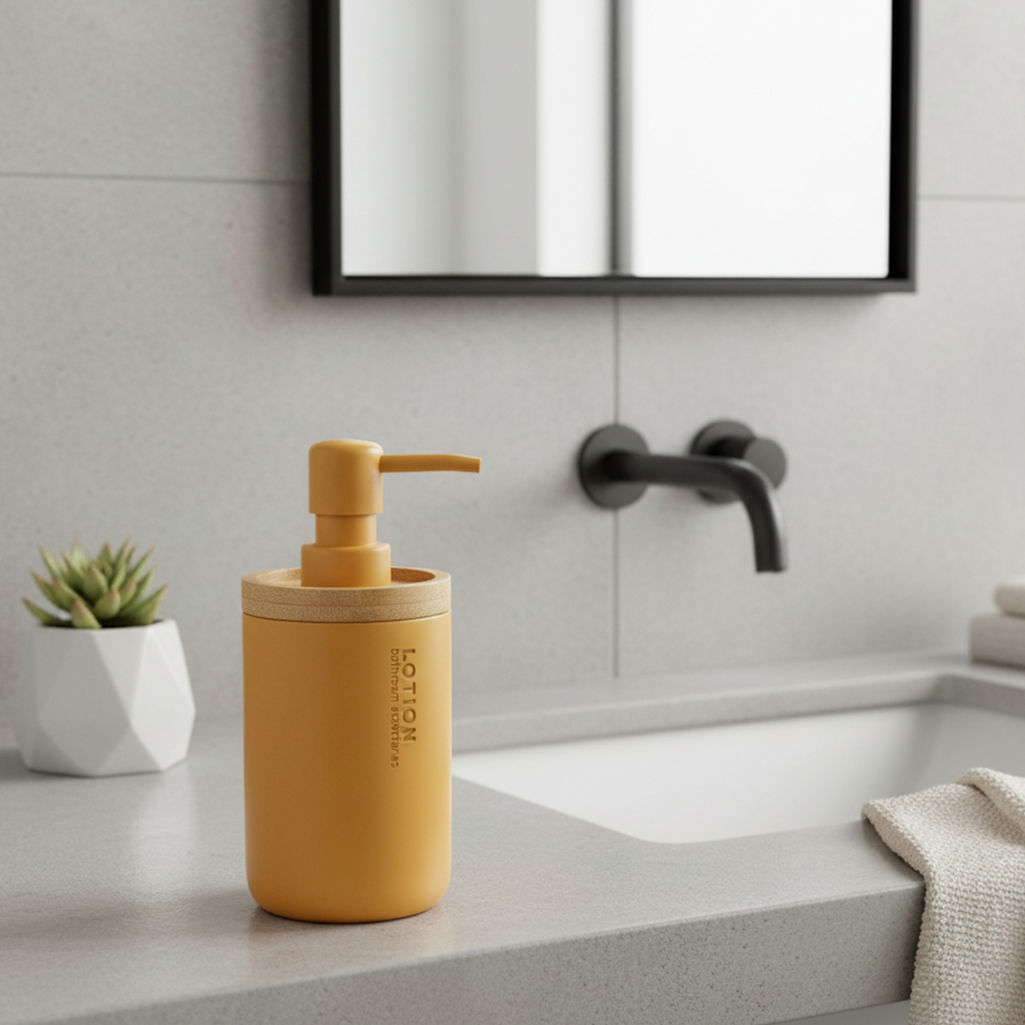 Elegant Mustard Yellow Soap Dispenser - Polyresin and Bamboo Design, Refillable Liquid Pump