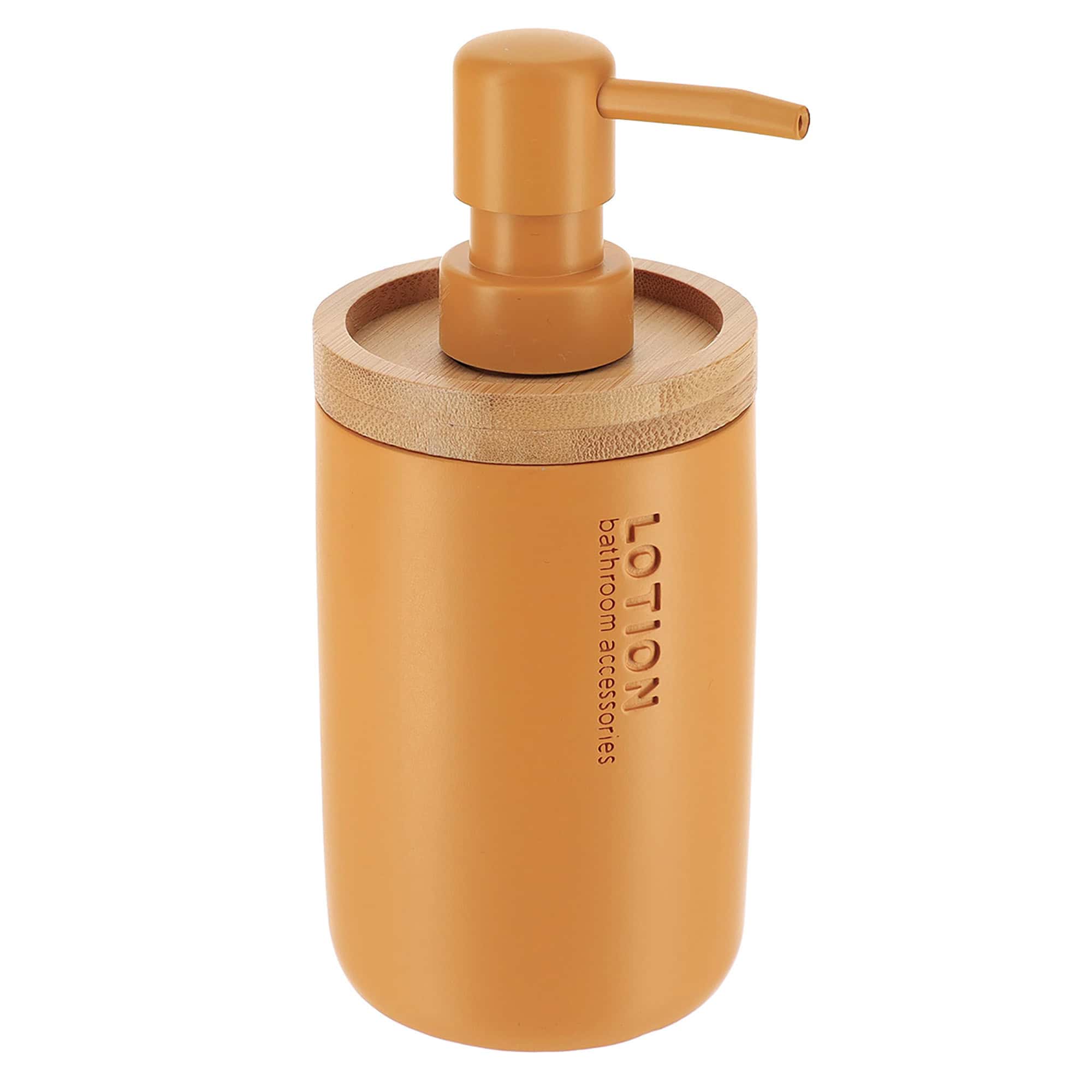 Minimalist yellow soap dispenser with bamboo detailing