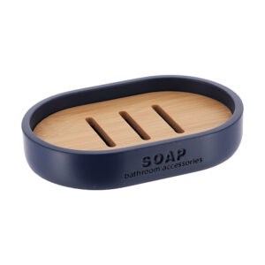 Navy blue oval soap dish featuring a bamboo insert with slotted design, labeled "SOAP bathroom accessories," ideal for any bathroom or kitchen counter.