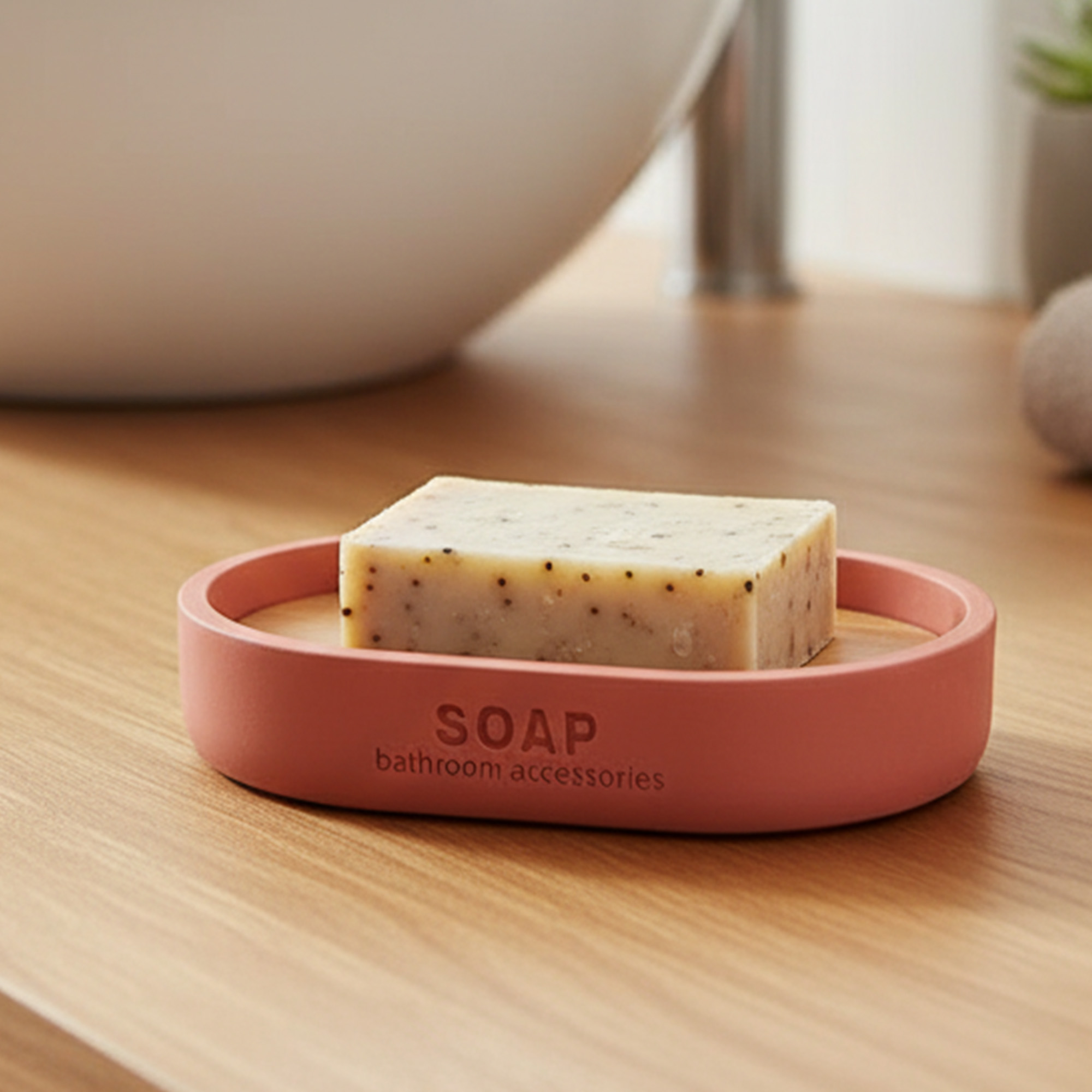 Terracotta oval soap dish with bamboo insert holding bar soap