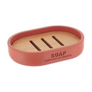 Terracotta oval soap dish featuring a bamboo insert with slotted design, labeled "SOAP bathroom accessories," ideal for any bathroom or kitchen counter.