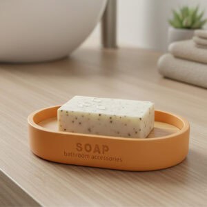 Mustard yellow soap dish with bamboo insert holding bar soap