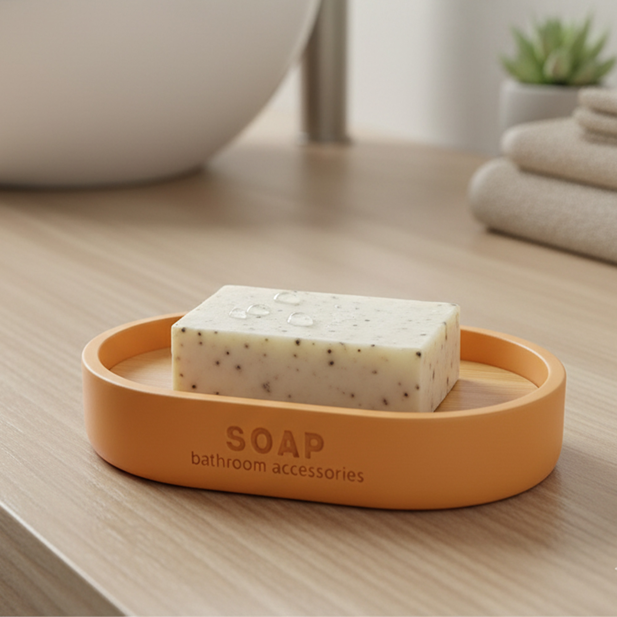 Mustard yellow soap dish with bamboo insert holding bar soap