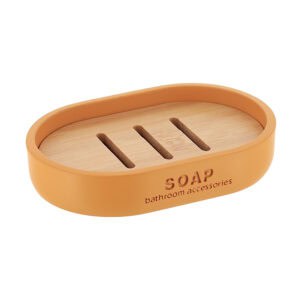 Mustard yellow oval soap dish featuring a bamboo insert with slotted design, labeled "SOAP bathroom accessories," ideal for any bathroom or kitchen counter.