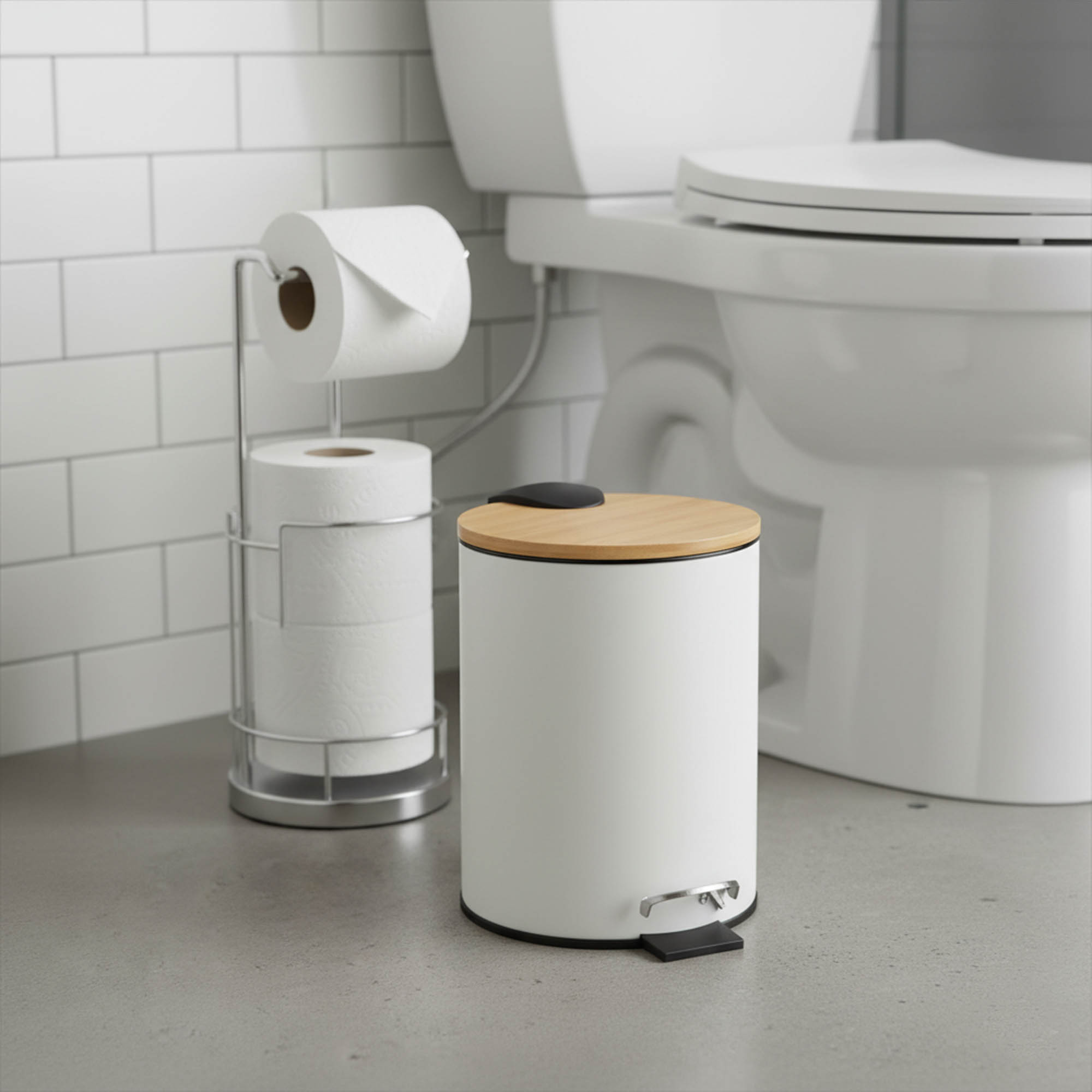 White pedal trash can with bamboo lid next to toilet and toilet paper stand