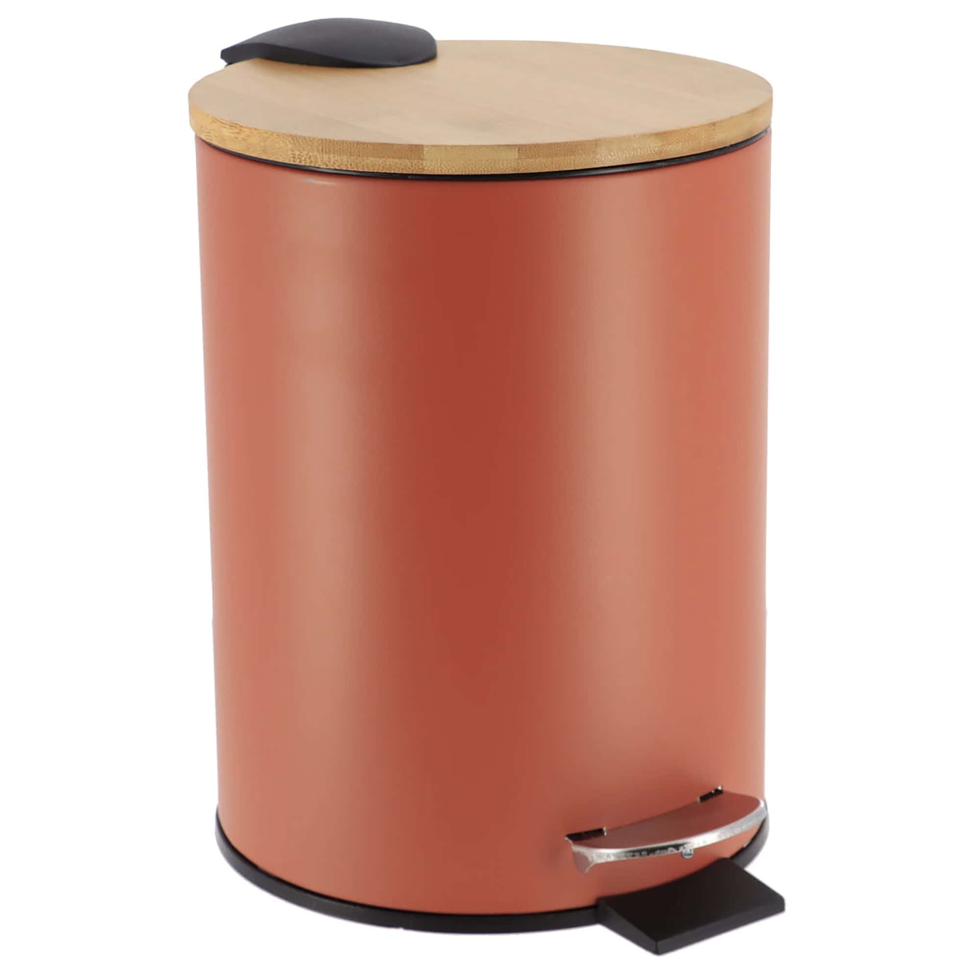 A sleek red trash can with a round bamboo lid, featuring a soft-close mechanism and a black foot pedal for hands-free operation.